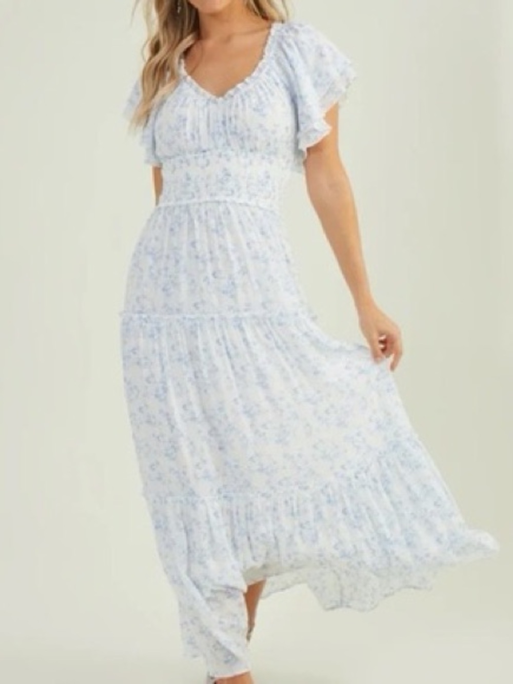 Altar'd State Blue & White Floral Flutter Sleeve Smocked Maxi Dress M